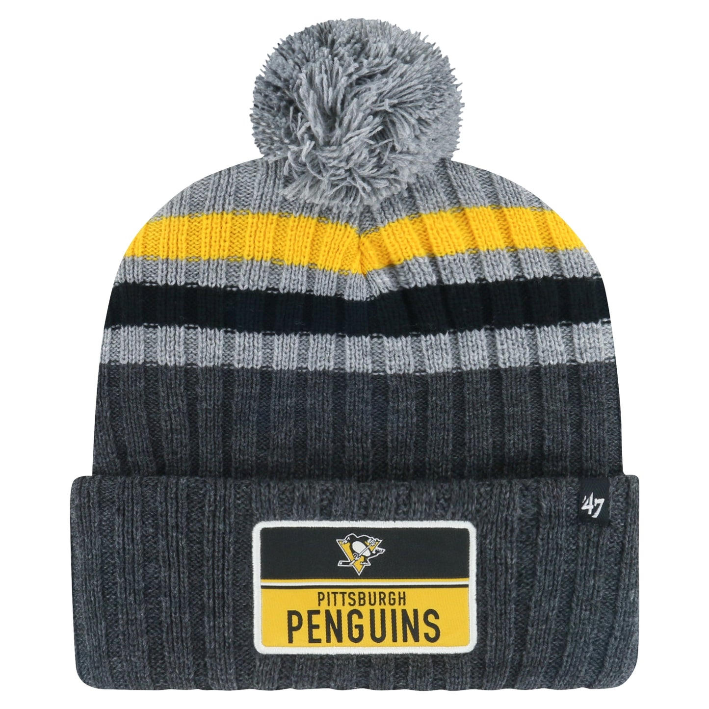 Men's '47 Gray Pittsburgh Penguins Stack Patch Cuffed Knit Hat with Pom - OSFA