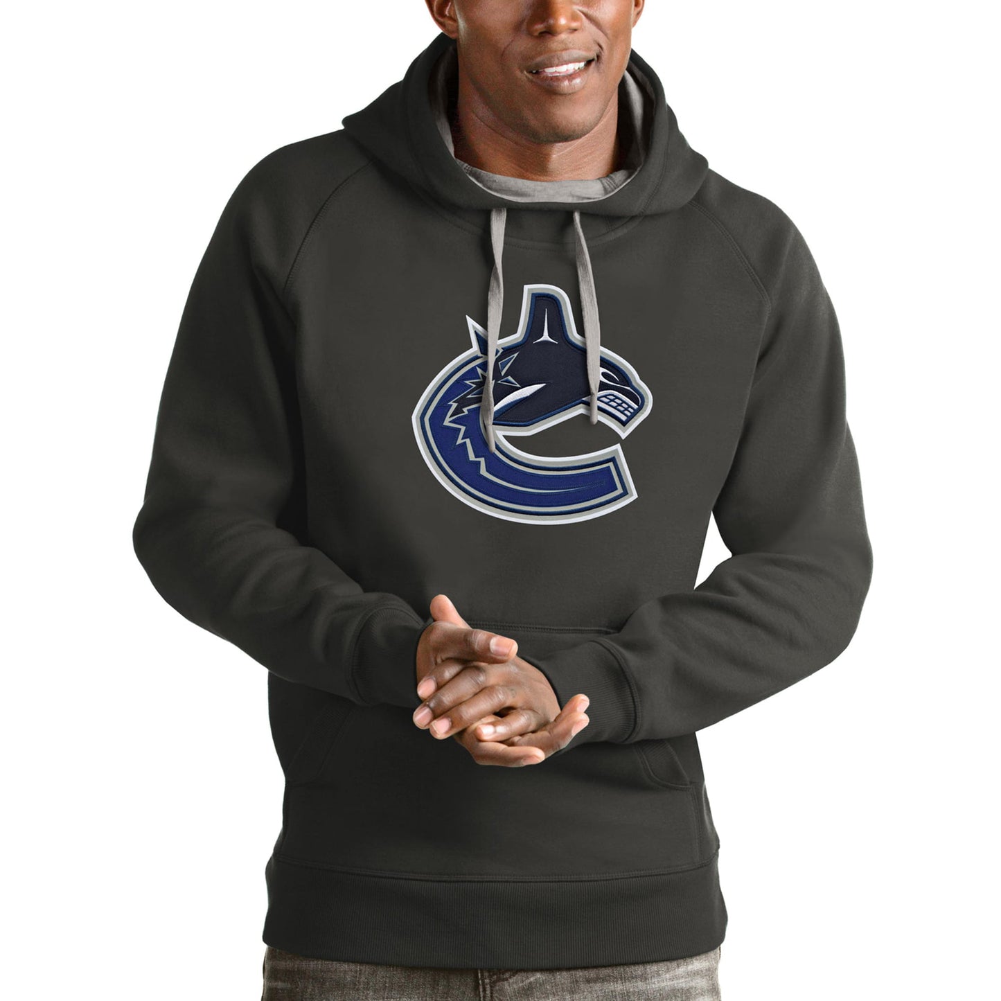 Men's Antigua Charcoal Vancouver Canucks Logo Victory Pullover Hoodie