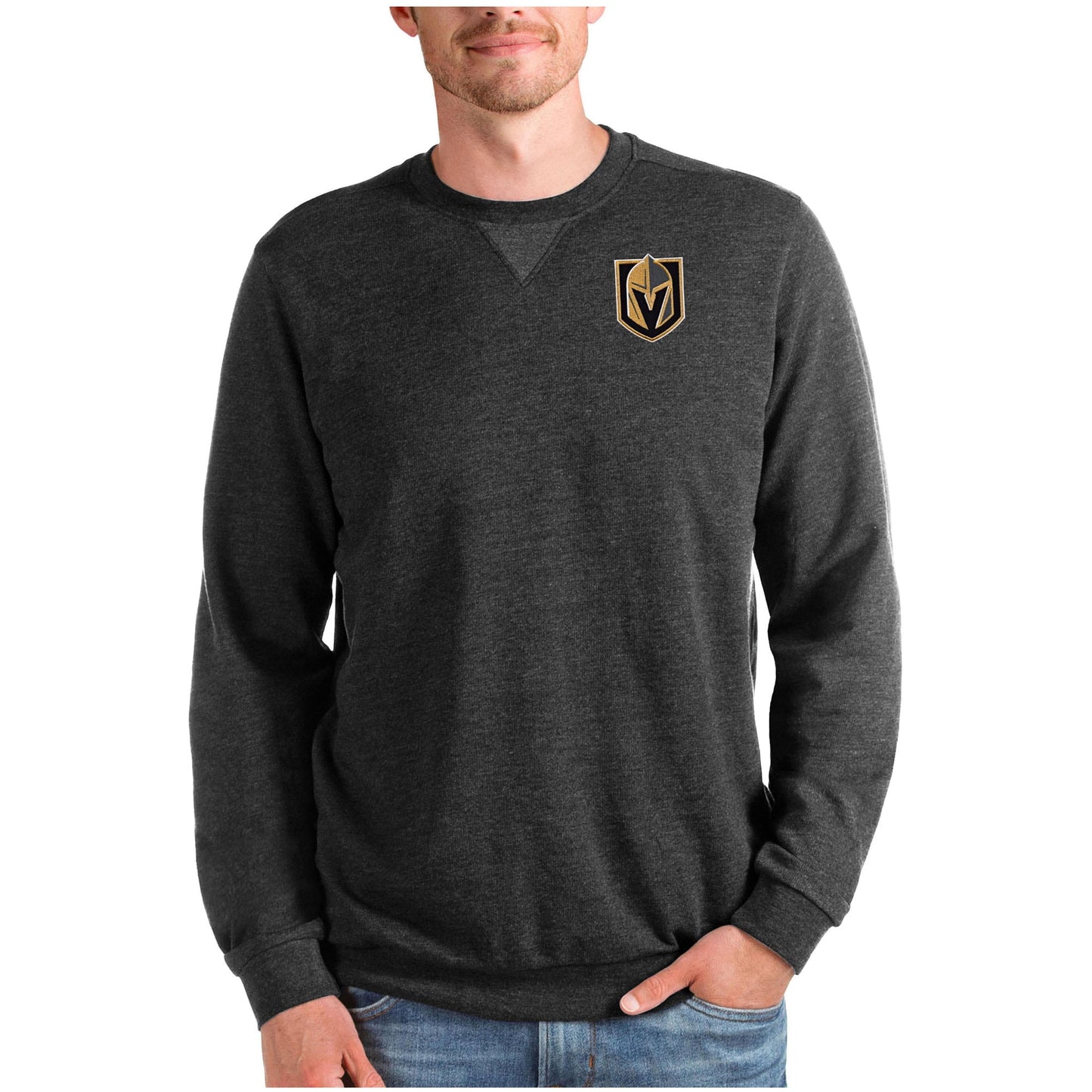 Men's Antigua Heathered Black Vegas Golden Knights Reward Crewneck Pullover Sweatshirt