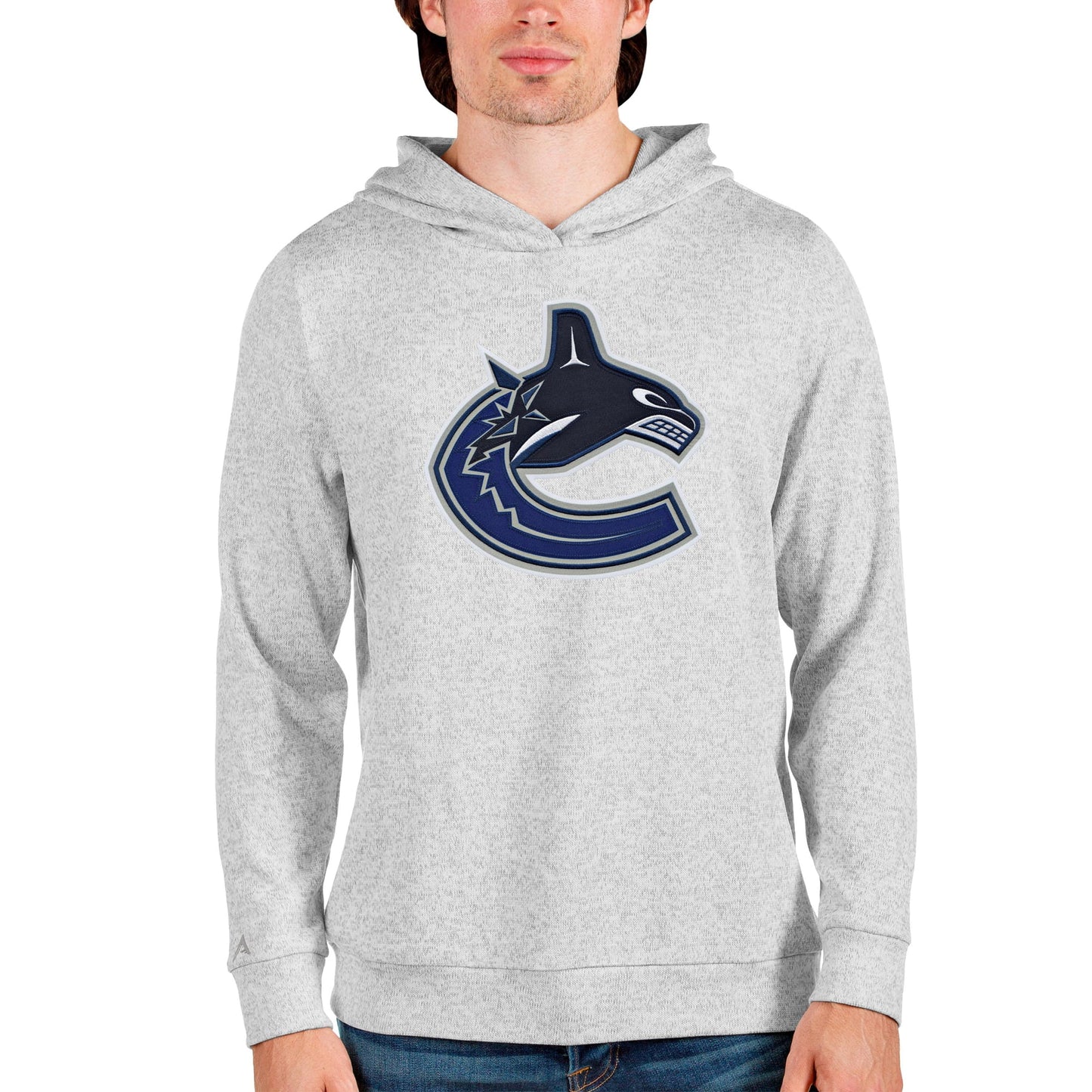 Men's Antigua Heathered Gray Vancouver Canucks Absolute Pullover Hoodie