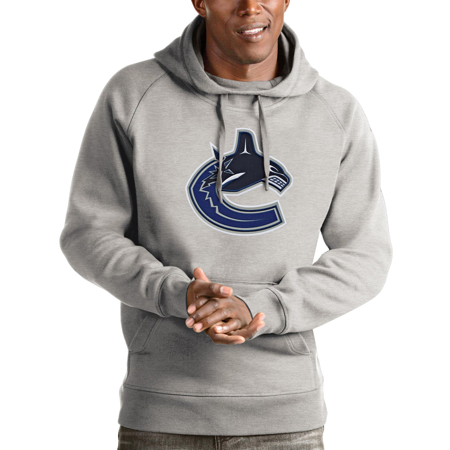 Men's Antigua Heathered Gray Vancouver Canucks Logo Victory Pullover Hoodie