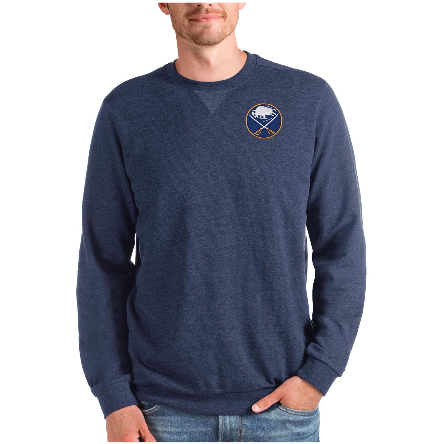 Men's Antigua Heathered Navy Buffalo Sabres Reward Crewneck Pullover Sweatshirt