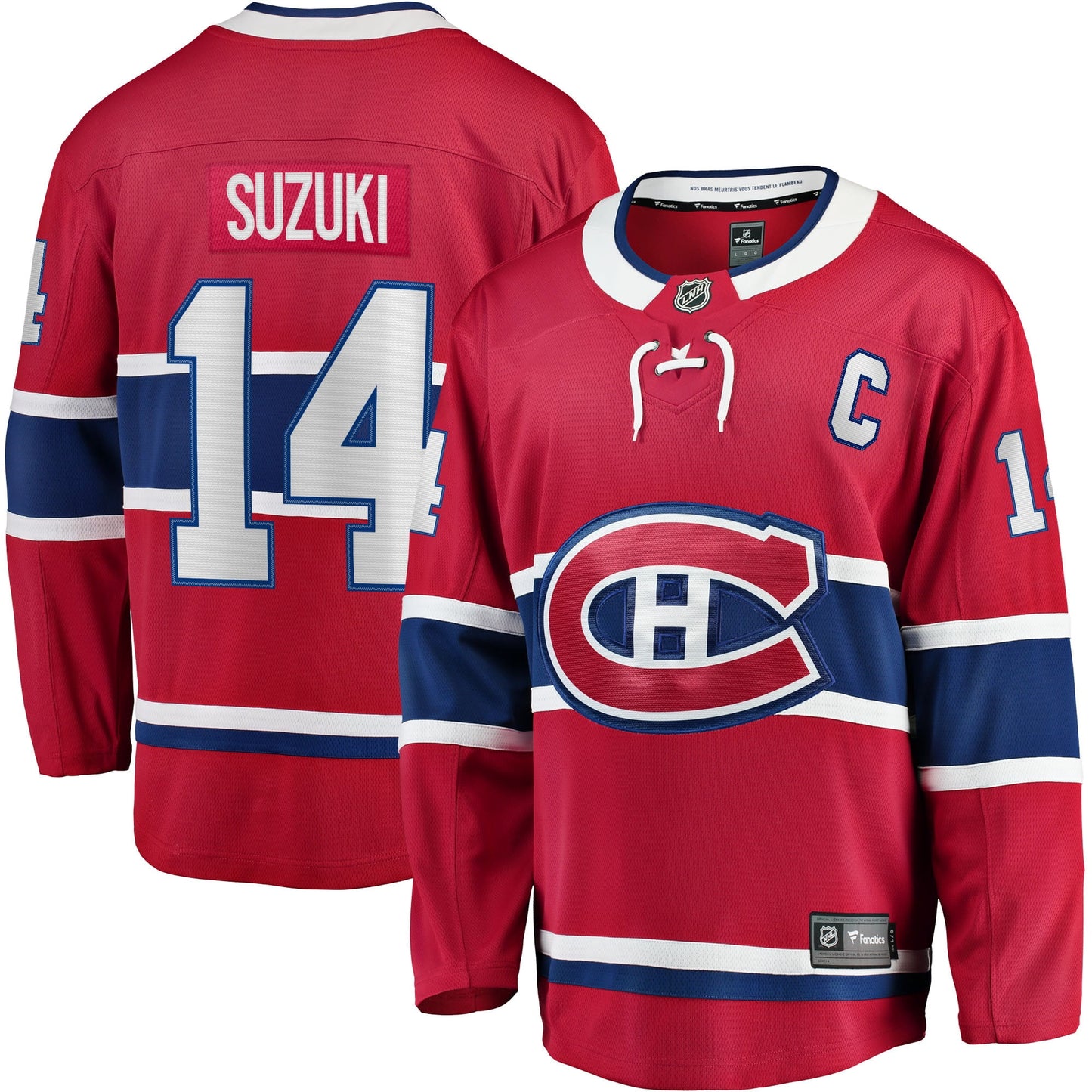 Men's Fanatics Branded Nick Suzuki Red Montreal Canadiens Home Captain Patch Breakaway Player Jersey