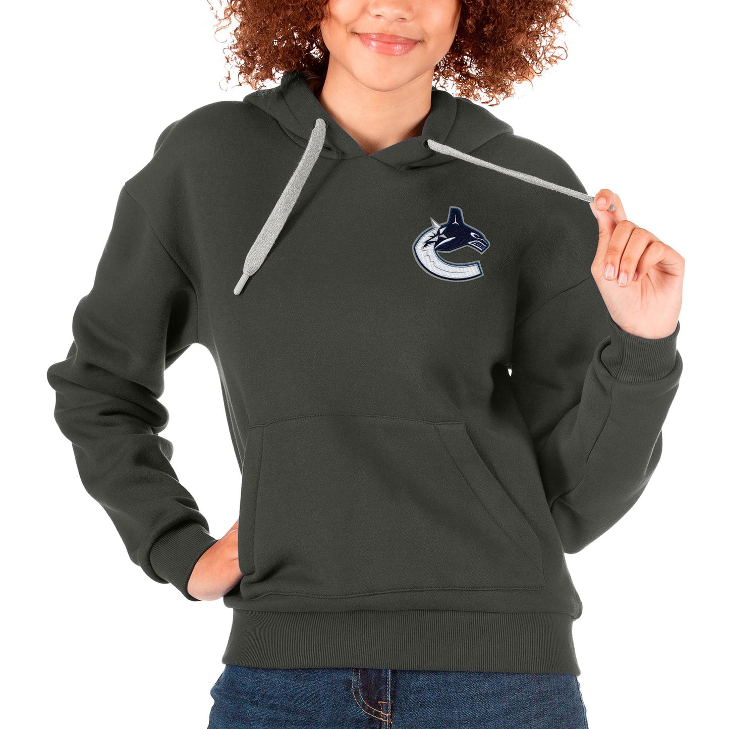 Women's Antigua Charcoal Vancouver Canucks Primary Logo Victory Pullover Hoodie