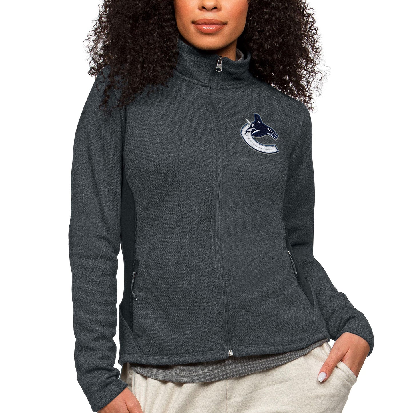 Women's Antigua Heather Charcoal Vancouver Canucks Primary Logo Course Full-Zip Jacket