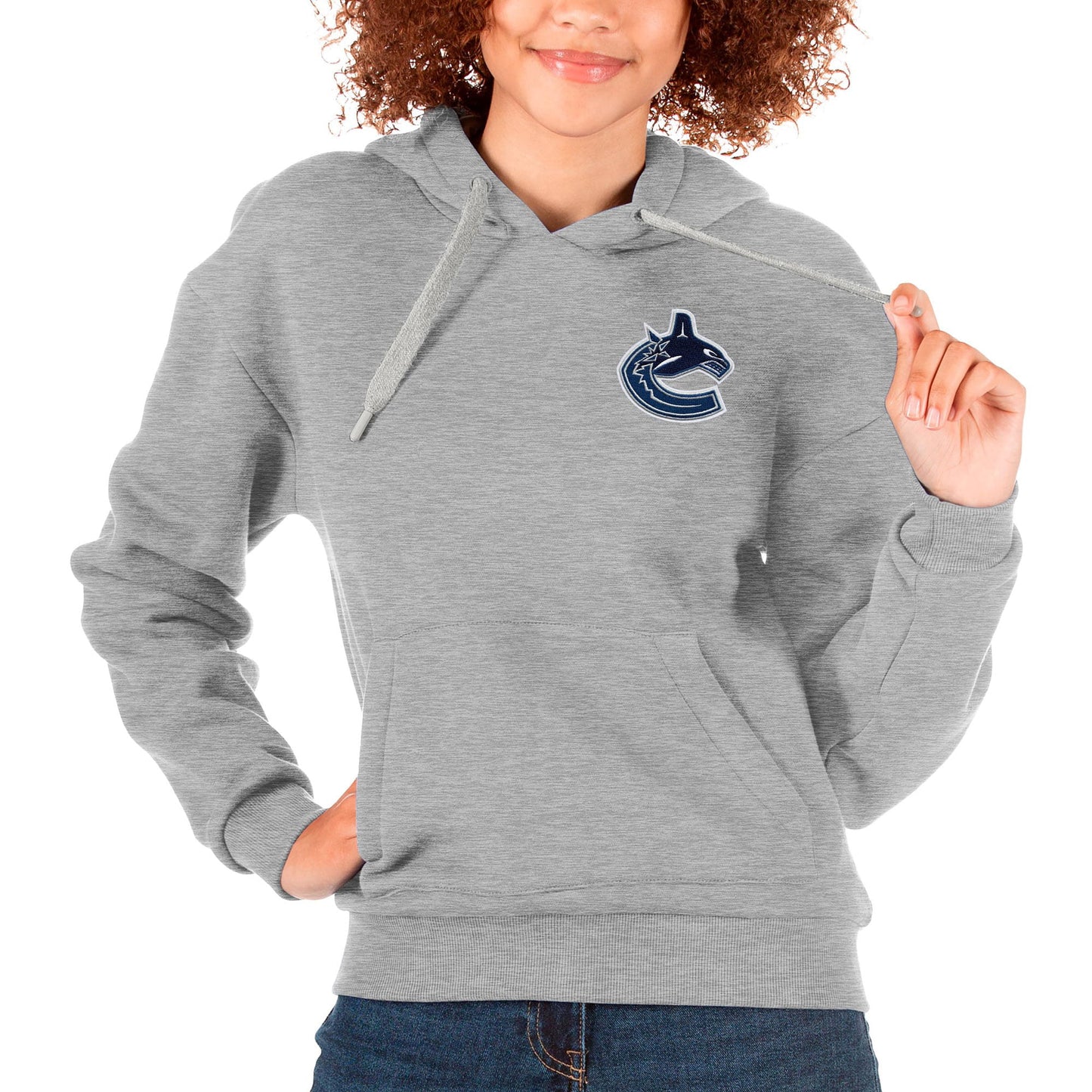 Women's Antigua Heather Gray Vancouver Canucks Primary Logo Victory Pullover Hoodie
