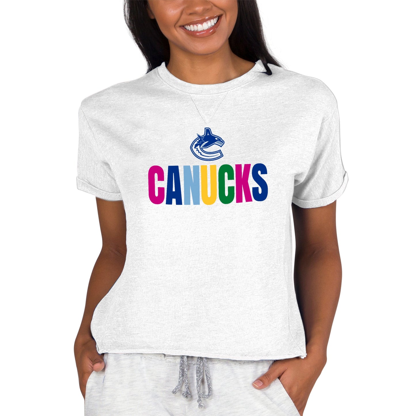 Women's Concepts Sport Oatmeal Vancouver Canucks Tri-Blend Mainstream Terry Short Sleeve Sweatshirt Top